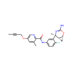 CC#CCOc1cnc(C(=O)Nc2ccc(F)c([C@@]3(C)N=C(N)O[C@@H]4C[C@@H]43)c2)c(C)c1 ZINC000226082179
