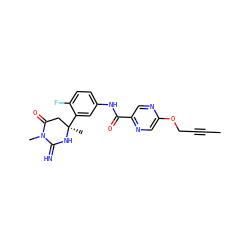 CC#CCOc1cnc(C(=O)Nc2ccc(F)c([C@]3(C)CC(=O)N(C)C(=N)N3)c2)cn1 ZINC001772576613