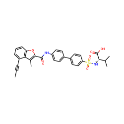 CC#Cc1cccc2oc(C(=O)Nc3ccc(-c4ccc(S(=O)(=O)N[C@H](C(=O)O)C(C)C)cc4)cc3)c(C)c12 ZINC000043014037