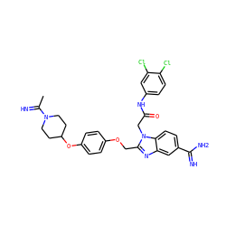 CC(=N)N1CCC(Oc2ccc(OCc3nc4cc(C(=N)N)ccc4n3CC(=O)Nc3ccc(Cl)c(Cl)c3)cc2)CC1 ZINC000028370838