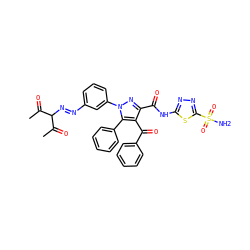 CC(=O)C(/N=N/c1cccc(-n2nc(C(=O)Nc3nnc(S(N)(=O)=O)s3)c(C(=O)c3ccccc3)c2-c2ccccc2)c1)C(C)=O ZINC000049844732