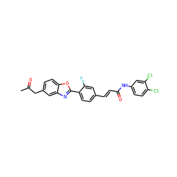 CC(=O)Cc1ccc2oc(-c3ccc(/C=C/C(=O)Nc4ccc(Cl)c(Cl)c4)cc3F)nc2c1 ZINC000095602429