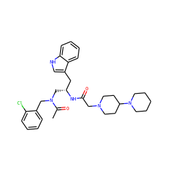 CC(=O)N(Cc1ccccc1Cl)C[C@H](Cc1c[nH]c2ccccc12)NC(=O)CN1CCC(N2CCCCC2)CC1 ZINC000027850929