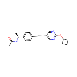 CC(=O)N[C@@H](C)c1ccc(C#Cc2cnc(OC3CCC3)nc2)cc1 ZINC000142357165