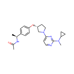 CC(=O)N[C@@H](C)c1ccc(O[C@@H]2CCN(c3ccnc(N(C)C4CC4)n3)C2)cc1 ZINC000261084041