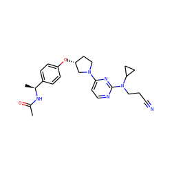 CC(=O)N[C@@H](C)c1ccc(O[C@@H]2CCN(c3ccnc(N(CCC#N)C4CC4)n3)C2)cc1 ZINC000261167359