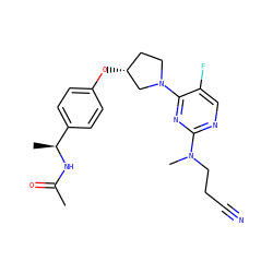 CC(=O)N[C@@H](C)c1ccc(O[C@@H]2CCN(c3nc(N(C)CCC#N)ncc3F)C2)cc1 ZINC000261175814