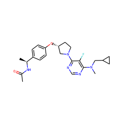 CC(=O)N[C@@H](C)c1ccc(O[C@@H]2CCN(c3ncnc(N(C)CC4CC4)c3F)C2)cc1 ZINC000261148921
