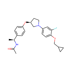 CC(=O)N[C@@H](C)c1ccc(O[C@H]2CCN(c3ccc(OCC4CC4)c(F)c3)C2)cc1 ZINC001772631415