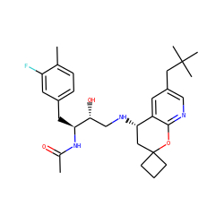 CC(=O)N[C@@H](Cc1ccc(C)c(F)c1)[C@H](O)CN[C@H]1CC2(CCC2)Oc2ncc(CC(C)(C)C)cc21 ZINC000095574256