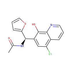 CC(=O)N[C@@H](c1ccco1)c1cc(Cl)c2cccnc2c1O ZINC000000087256