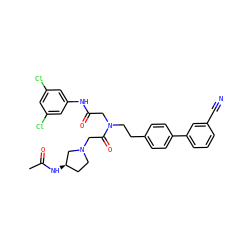 CC(=O)N[C@@H]1CCN(CC(=O)N(CCc2ccc(-c3cccc(C#N)c3)cc2)CC(=O)Nc2cc(Cl)cc(Cl)c2)C1 ZINC000084796192
