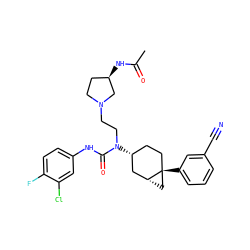 CC(=O)N[C@@H]1CCN(CCN(C(=O)Nc2ccc(F)c(Cl)c2)[C@@H]2CC[C@]3(c4cccc(C#N)c4)C[C@@H]3C2)C1 ZINC000028649853