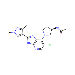 CC(=O)N[C@@H]1CCN(c2c(Cl)cnc3[nH]c(-c4cn(C)nc4C)nc23)C1 ZINC000103273756
