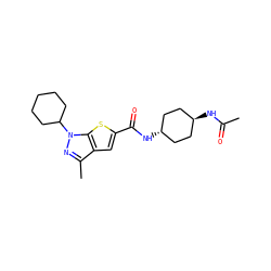 CC(=O)N[C@H]1CC[C@H](NC(=O)c2cc3c(C)nn(C4CCCCC4)c3s2)CC1 ZINC000261122784