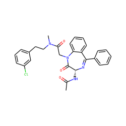 CC(=O)N[C@H]1N=C(c2ccccc2)c2ccccc2N(CC(=O)N(C)CCc2cccc(Cl)c2)C1=O ZINC000028757839