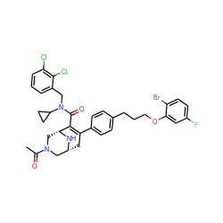 CC(=O)N1C[C@H]2N[C@H](CC(c3ccc(CCCOc4cc(F)ccc4Br)cc3)=C2C(=O)N(Cc2cccc(Cl)c2Cl)C2CC2)C1 ZINC000049853681