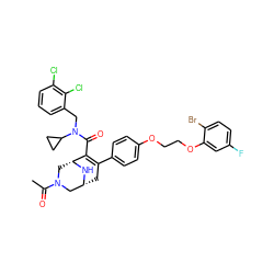 CC(=O)N1C[C@H]2N[C@H](CC(c3ccc(OCCOc4cc(F)ccc4Br)cc3)=C2C(=O)N(Cc2cccc(Cl)c2Cl)C2CC2)C1 ZINC000049833478