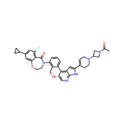 CC(=O)N1CC(N2CC=C(c3cc4c(-c5cccc(N6CCOc7cc(C8CC8)cc(F)c7C6=O)c5CO)ccnc4[nH]3)CC2)C1 ZINC001772585143