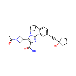 CC(=O)N1CC(c2c(C(N)=O)nc3n2C2CC(C2)c2ccc(C#CC4(O)CCCC4)cc2-3)C1 ZINC000215776090