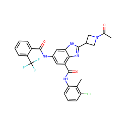 CC(=O)N1CC(c2nc3c(C(=O)Nc4cccc(Cl)c4C)cc(NC(=O)c4ccccc4C(F)(F)F)cc3[nH]2)C1 ZINC000218690068