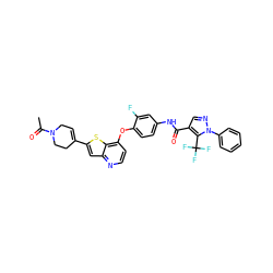 CC(=O)N1CC=C(c2cc3nccc(Oc4ccc(NC(=O)c5cnn(-c6ccccc6)c5C(F)(F)F)cc4F)c3s2)CC1 ZINC000049784009