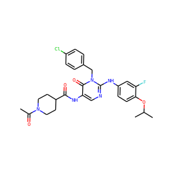 CC(=O)N1CCC(C(=O)Nc2cnc(Nc3ccc(OC(C)C)c(F)c3)n(Cc3ccc(Cl)cc3)c2=O)CC1 ZINC000204092095