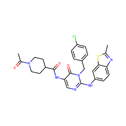 CC(=O)N1CCC(C(=O)Nc2cnc(Nc3ccc4nc(C)sc4c3)n(Cc3ccc(Cl)cc3)c2=O)CC1 ZINC000204092393