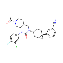 CC(=O)N1CCC(CN(C(=O)Nc2ccc(F)c(Cl)c2)[C@@H]2CC[C@]3(c4cccc(C#N)c4)C[C@@H]3C2)CC1 ZINC000028650063