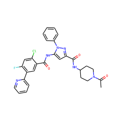 CC(=O)N1CCC(NC(=O)c2cc(NC(=O)c3cc(-c4ccccn4)c(F)cc3Cl)n(-c3ccccc3)n2)CC1 ZINC001772605860