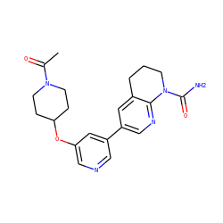 CC(=O)N1CCC(Oc2cncc(-c3cnc4c(c3)CCCN4C(N)=O)c2)CC1 ZINC001772644945
