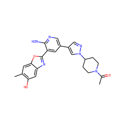 CC(=O)N1CCC(n2cc(-c3cnc(N)c(-c4nc5cc(O)c(C)cc5o4)c3)cn2)CC1 ZINC000084653765