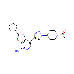 CC(=O)N1CCC(n2cc(-c3cnc(N)c4oc(C5CCCC5)cc34)cn2)CC1 ZINC000096274055