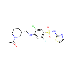 CC(=O)N1CCC[C@H](CNc2cc(F)c(S(=O)(=O)Nc3nccs3)cc2Cl)C1 ZINC001772647392
