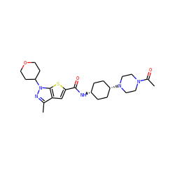 CC(=O)N1CCN([C@H]2CC[C@@H](NC(=O)c3cc4c(C)nn(C5CCOCC5)c4s3)CC2)CC1 ZINC000114713581