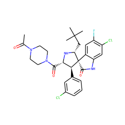 CC(=O)N1CCN(C(=O)[C@@H]2N[C@H](CC(C)(C)C)[C@]3(C(=O)Nc4cc(Cl)c(F)cc43)[C@H]2c2cccc(Cl)c2)CC1 ZINC000144210386