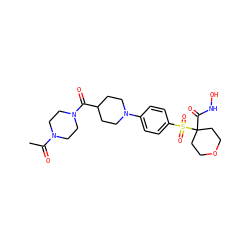 CC(=O)N1CCN(C(=O)C2CCN(c3ccc(S(=O)(=O)C4(C(=O)NO)CCOCC4)cc3)CC2)CC1 ZINC000049037330