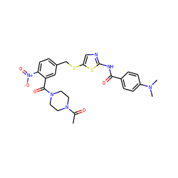 CC(=O)N1CCN(C(=O)c2cc(CSc3cnc(NC(=O)c4ccc(N(C)C)cc4)s3)ccc2[N+](=O)[O-])CC1 ZINC000036184834