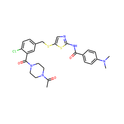 CC(=O)N1CCN(C(=O)c2cc(CSc3cnc(NC(=O)c4ccc(N(C)C)cc4)s3)ccc2Cl)CC1 ZINC000036184835