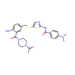 CC(=O)N1CCN(C(=O)c2cc(CSc3cnc(NC(=O)c4ccc(N(C)C)cc4)s3)ccc2N)CC1 ZINC000036184838