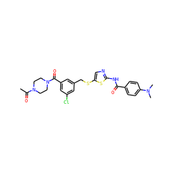 CC(=O)N1CCN(C(=O)c2cc(Cl)cc(CSc3cnc(NC(=O)c4ccc(N(C)C)cc4)s3)c2)CC1 ZINC000036184854