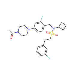 CC(=O)N1CCN(c2ccc(CN(C3CCC3)S(=O)(=O)CCc3cccc(F)c3)c(F)c2)CC1 ZINC000147231755