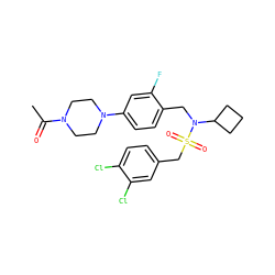 CC(=O)N1CCN(c2ccc(CN(C3CCC3)S(=O)(=O)Cc3ccc(Cl)c(Cl)c3)c(F)c2)CC1 ZINC000147286386