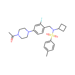 CC(=O)N1CCN(c2ccc(CN(C3CCC3)S(=O)(=O)c3ccc(C)cc3)c(F)c2)CC1 ZINC000147272331