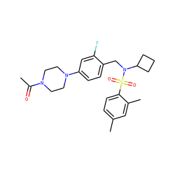 CC(=O)N1CCN(c2ccc(CN(C3CCC3)S(=O)(=O)c3ccc(C)cc3C)c(F)c2)CC1 ZINC000224308138
