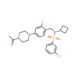 CC(=O)N1CCN(c2ccc(CN(C3CCC3)S(=O)(=O)c3cccc(Cl)c3)c(F)c2)CC1 ZINC000147229655