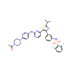 CC(=O)N1CCN(c2ccc(Nc3nccc(-c4sc(C(C)C)nc4-c4cccc(NS(=O)(=O)c5c(F)cccc5F)c4)n3)cn2)CC1 ZINC000072176381