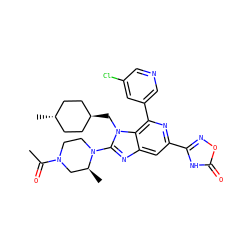 CC(=O)N1CCN(c2nc3cc(-c4noc(=O)[nH]4)nc(-c4cncc(Cl)c4)c3n2C[C@H]2CC[C@H](C)CC2)[C@@H](C)C1 ZINC001772588464
