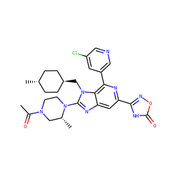 CC(=O)N1CCN(c2nc3cc(-c4noc(=O)[nH]4)nc(-c4cncc(Cl)c4)c3n2C[C@H]2CC[C@H](C)CC2)[C@H](C)C1 ZINC000261174959