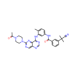 CC(=O)N1CCN(c2ncc3ncnc(Nc4cc(NC(=O)c5cccc(C(C)(C)C#N)c5)ccc4C)c3n2)CC1 ZINC000166224810